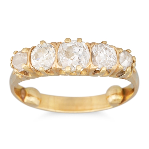 199 - A FIVE STONE DIAMOND RING, the old cut diamonds mounted in yellow gold. Estimated: weight of centre ... 