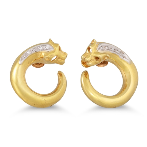 21 - A PAIR OF DIAMOND SET EARRINGS, in the form of a panther, mounted in 18ct yellow gold