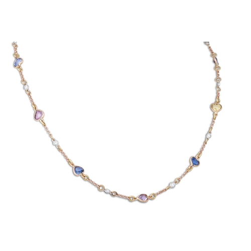 213 - A SAPPHIRE AND DIAMOND NECK CHAIN, the multicoloured heart shaped stones linked by 18ct yellow gold ... 