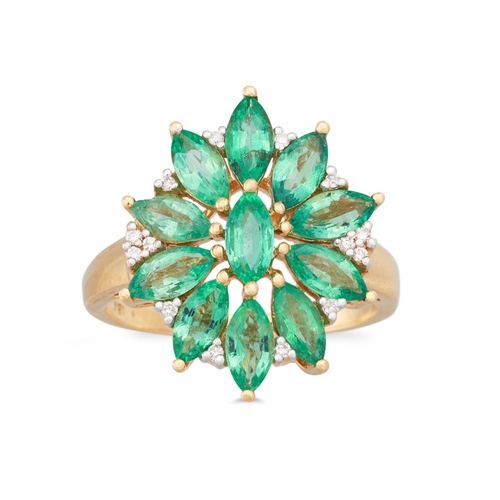 22 - A DIAMOND AND EMERALD CLUSTER RING, the marquise cut emeralds to diamond surrounds, mounted in 18ct ... 