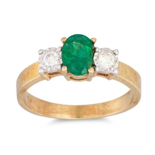 24 - AN EMERALD AND DIAMOND RING, the oval emerald to round brilliant cut diamond shoulders, mounted in 9... 