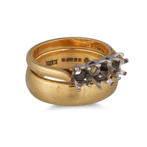 272 - AN 18CT GOLD WEDDING BAND, together with a 18ct gold three stone shank, 13.3 g. Sizes M/N & N/O