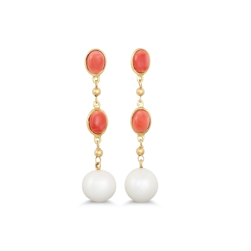 274 - A PAIR OF CORAL AND PEARL DROP EARRINGS, the cabochon corals suspending pearl drops, mounted in 18ct... 