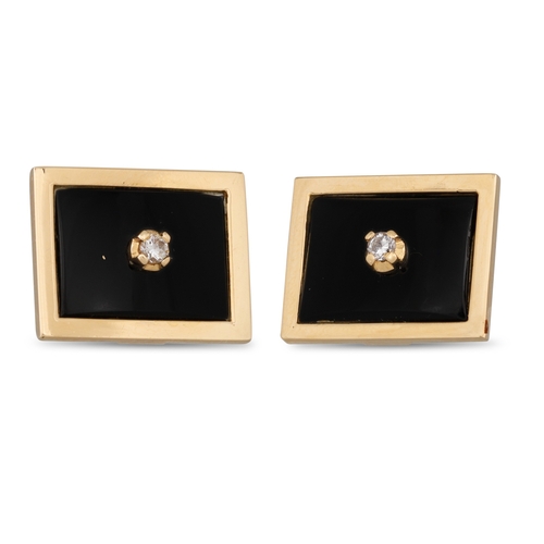 279 - A PAIR OF ONYX AND DIAMOND CUFFLINKS, mounted in 18ct yellow gold