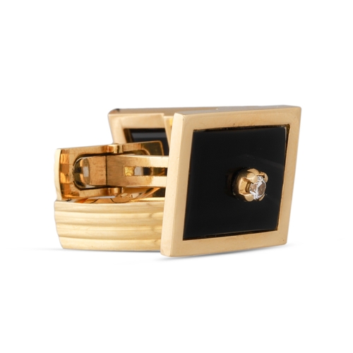 279 - A PAIR OF ONYX AND DIAMOND CUFFLINKS, mounted in 18ct yellow gold