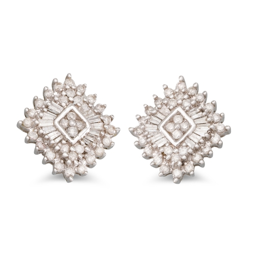 28 - A PAIR OF DIAMOND CLUSTER EARRINGS, of square from, set with baguette and brilliant cut diamonds, mo... 