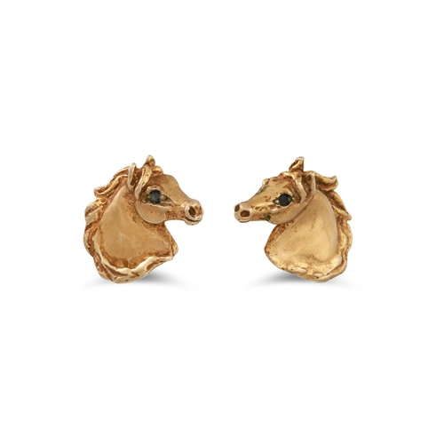 34 - A PAIR OF GOLD AND SAPPHIRE EARRINGS, in the form of a horse head, sapphire eyes