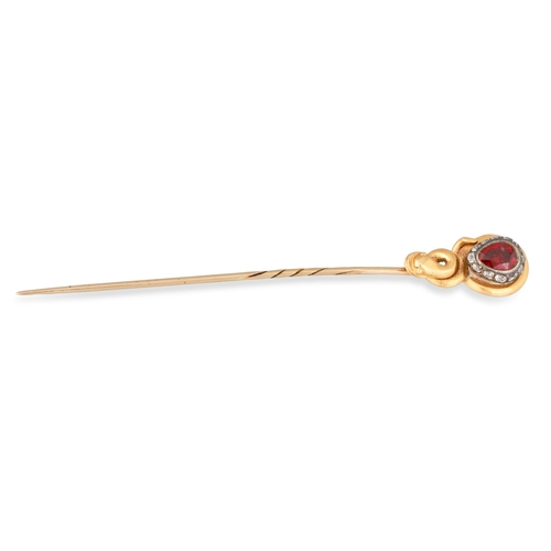 44 - A VICTORIAN RUBY AND OLD CUT DIAMOND SET TIE PIN, in gold, modelled as a snake, cased, retailed by W... 