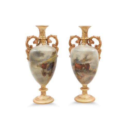 442 - AN ATTRACTIVE PAIR OF EDWARDIAN ANTIQUE ROYAL WORCESTER PORCELAIN TWIN HANDLED VASES, decorated with... 