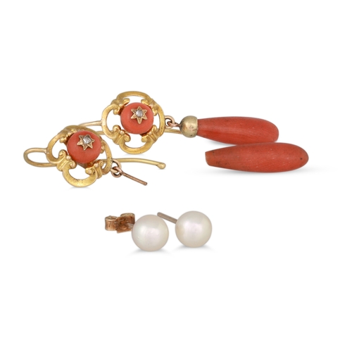 46 - A COLLECTION OF VINTAGE AND LATER EARRINGS, to include a pair of diamond set coral drop earrings, a ... 