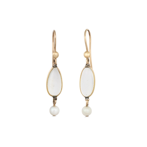 47 - A PAIR OF MOONSTONE AND CULTURED PEARL DROP EARRINGS, mounted in gold