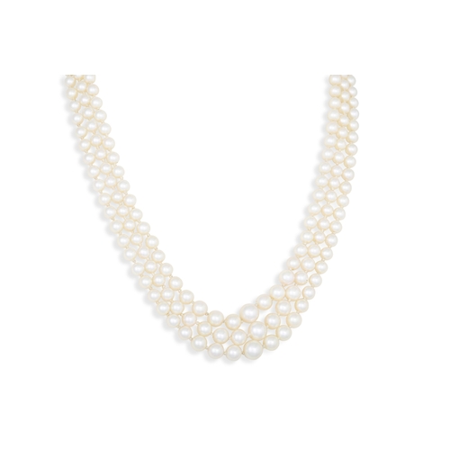 48 - A TRIPLE ROW CULTURED PEARL NECKLACE, with 9ct gold fittings
