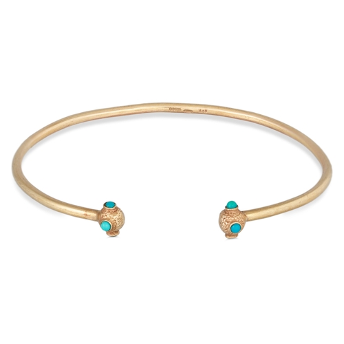 52 - A 9CT GOLD TURQUOISE SET BANGLE, open fitting, 10 g.
