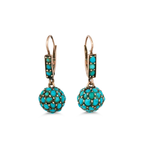 53 - A PAIR OF ANTIQUE TURQUOISE DROP EARRINGS, mounted in 9ct gold, cased