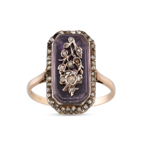 6 - AN ANTIQUE AMETHYST AND DIAMOND SET RING, the central panel with applied rose cut diamond set motif,... 
