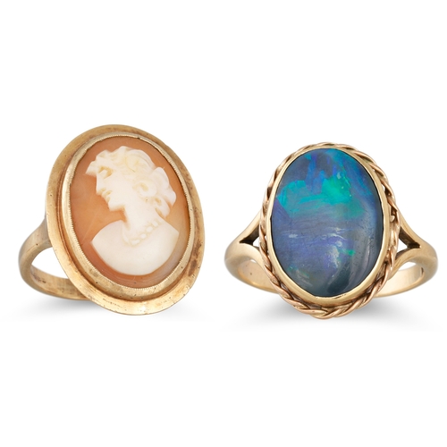 61 - A 9CT GOLD CAMEO RING, together with an opal ring in 9ct gold. Size: K-L and N