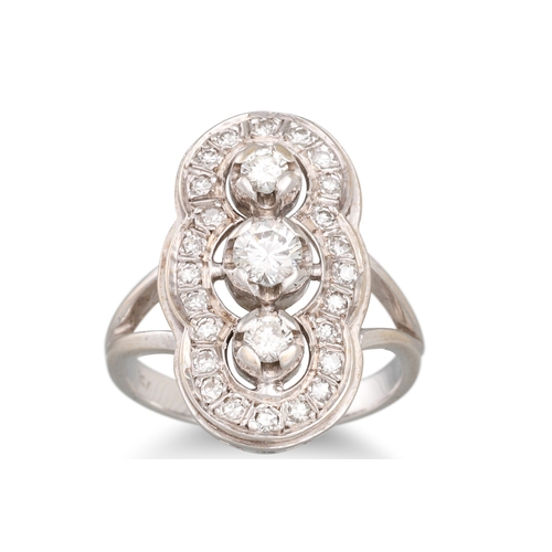 66 - A DIAMOND CLUSTER RING, the three brilliant cut diamonds to a diamond border, mounted in 18ct white ... 