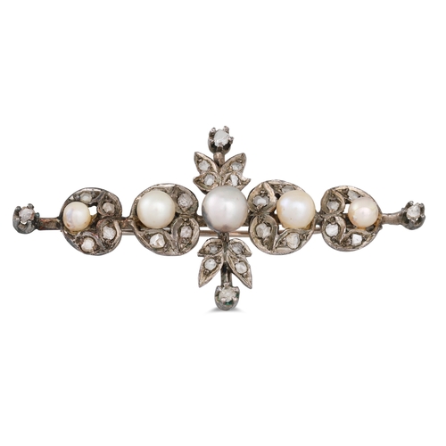 73 - AN ANTIQUE DIAMOND AND CULTURED PEARL BROOCH, mounted in mixed white metal