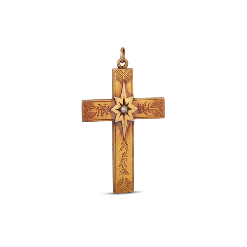 74 - AN ANTIQUE GOLD PLATED CROSS, engraved decoration, 12.3 g.