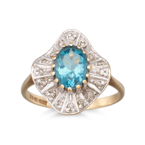 76 - A DIAMOND AND TOPAZ CLUSTER RING, mounted in 9ct yellow gold, size M