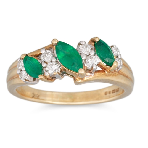 77 - AN EMERALD AND DIAMOND RING, mounted in 9ct yellow gold, size J - K