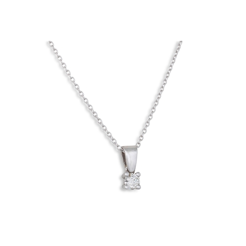 79 - A DIAMOND SOLITAIRE PENDANT, on a chain, mounted in 14ct white gold. Estimated: weight of round bril... 