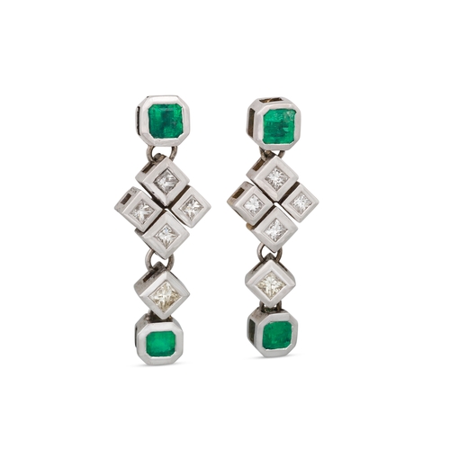 142 - A PAIR OF DIAMOND AND EMERALD DROP EARRINGS, the trap cut emeralds to diamond and emerald cluster dr... 