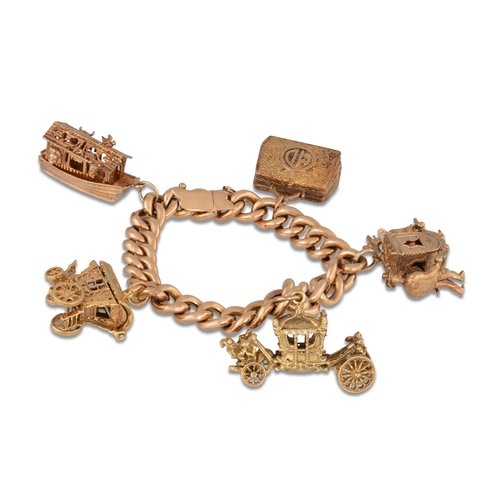 131 - A HEAVY 9CT GOLD CHARM BRACELET, suspending 5 charms, 72 g.