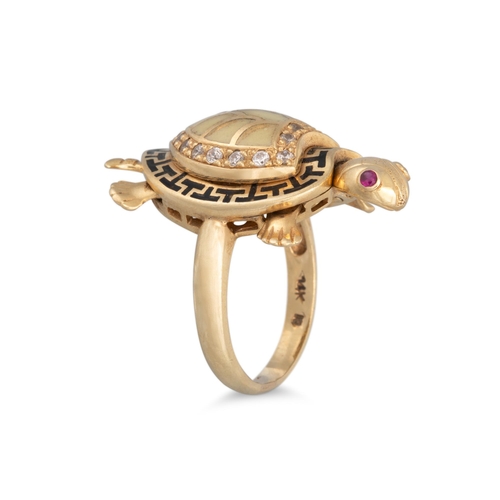 133 - AN ENAMEL SET NOVELTY TORTOISE RING, in 14ct gold, 10 g., size Q