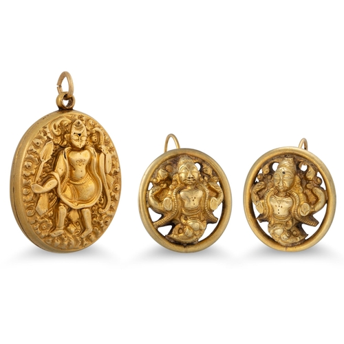 134 - AN 18CT GOLD LOCKET PENDANT, depicting a Hindi diety, together with a pair of yellow metal earrings ... 