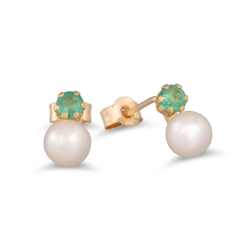 143 - A PAIR OF CULTURED PEARL AND EMERALD SET EARRINGS, mounted in gold