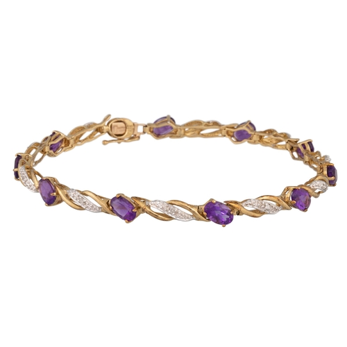 148 - A DIAMOND AND AMETHYST BRACELET, mounted in 9ct gold