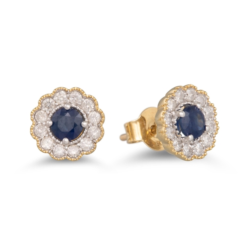 15 - A PAIR OF DIAMOND AND SAPPHIRE CLUSTER EARRINGS, circular form