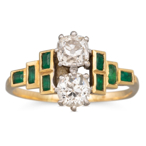 168 - A DIAMOND AND EMERALD RING, the two old cut diamonds to stepped emerald shoulders, to a yellow gold ... 