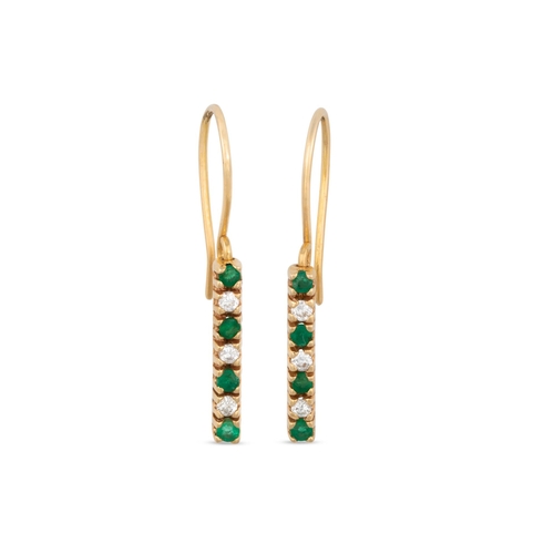 169 - A PAIR OF EMERALD AND DIAMOND DROP EARRINGS, mounted in yellow gold