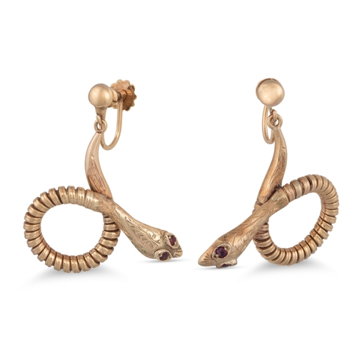 171 - A PAIR OF 9CT GOLD VINTAGE EARRINGS, modelled as snakes, 9.9 g.