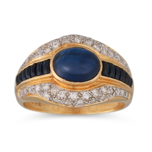 187 - A DIAMOND AND SAPPHIRE RING, the cabochon sapphire to channel set sapphire and diamond surround, mou... 