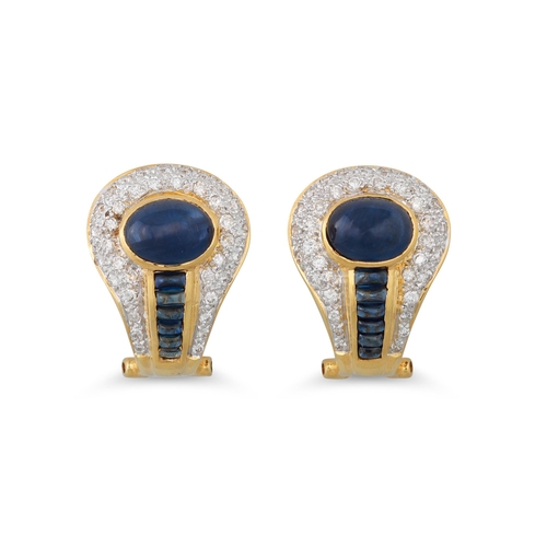 188 - A PAIR OF DIAMOND AND SAPPHIRE EARRINGS, the cabochon sapphire to sapphire and diamond surround, mou... 