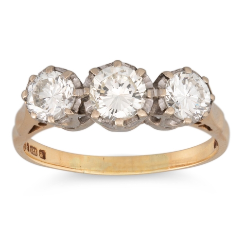 212 - A THREE STONE DIAMOND RING, the brilliant cut diamonds, mounted in 18ct yellow gold. Estimated: weig... 