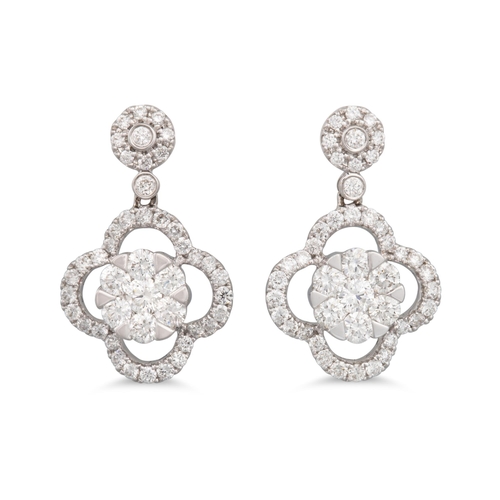 217 - A PAIR OF DIAMOND CLUSTER DROP EARRINGS, of quatrefoil cluster design, mounted in 18ct white gold. E... 