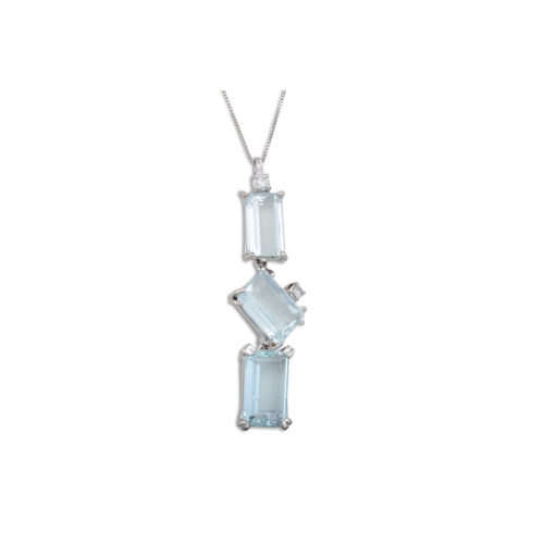 236 - AN AQUAMARINE AND DIAMOND PENDANT, set with three rectangular aquamarines offset to diamond accents,... 