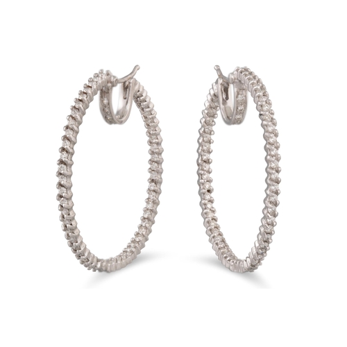 237 - A PAIR OF DIAMOND SET HOOP EARRINGS, the brilliant cut diamonds mounted in 18ct white gold.