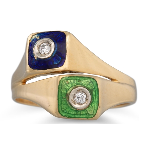 250 - AN ENAMEL AND DIAMOND RING, of cross over design, mounted in 18ct gold, size M