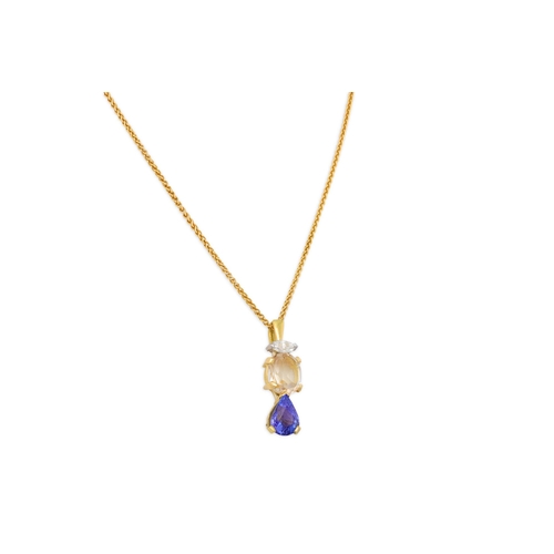 71 - A DIAMOND, CITRINE AND TANZANITE PENDANT, mounted in 18ct gold, to an 18ct gold chain