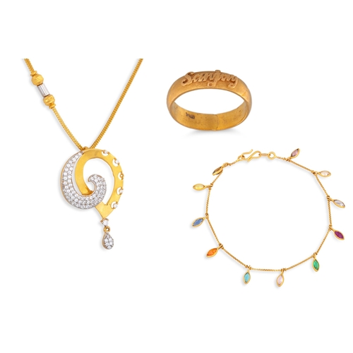 96 - A 22CT GOLD GEM SET BRACELET, together with a 22ct gold ring (size K) and necklace, 18.3 g.