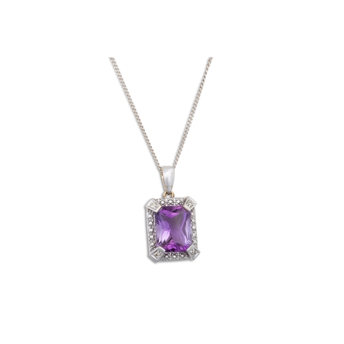 110 - AN AMETHYST PENDANT, diamond points in surround, mounted in white gold, with matching earrings