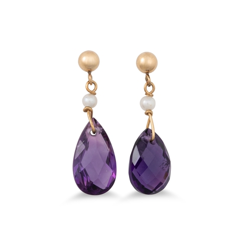 12 - A PAIR OF AMETHYST AND PEARL DROP EARRINGS, mounted in 9ct gold