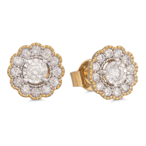 16 - A PAIR OF DIAMOND CLUSTER EARRINGS, in the form of a flower, mounted in yellow gold