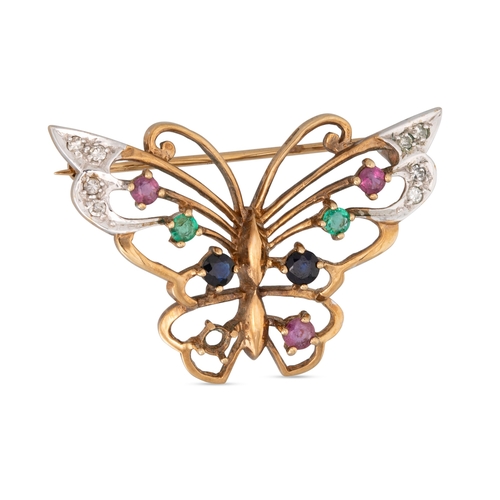 17 - A DIAMOND, SAPPHIRE AND RUBY BROOCH, in the form of a butterfly, mounted in gold