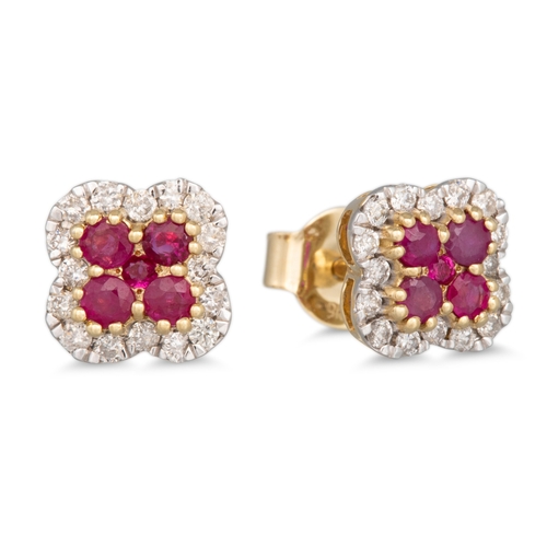 19 - A PAIR OF RUBY AND DIAMOND CLUSTER EARRINGS, quatrefoil design, mounted in yellow gold